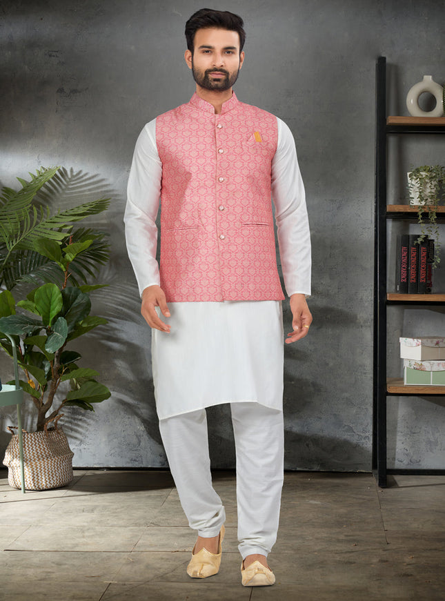 White Cotton Mens Kurta Pajama Set With Jacket