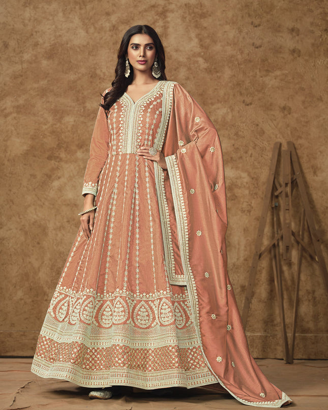 salmon orange dola silk embroidered gown with dupatta