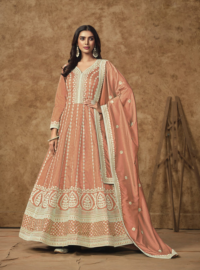 salmon orange dola silk embroidered gown with dupatta