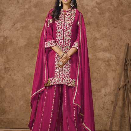 raspberry pink chinnon silk embroidered palazzo kameez