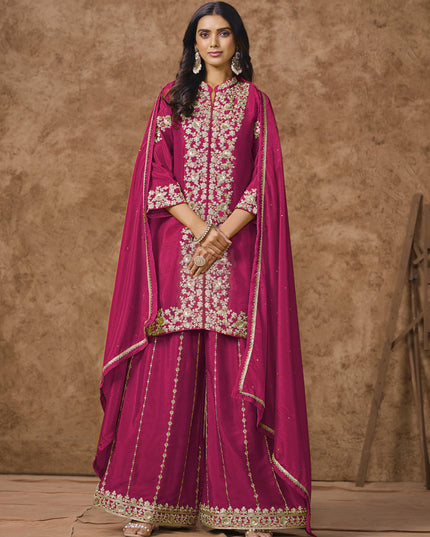 raspberry pink chinnon silk embroidered palazzo kameez