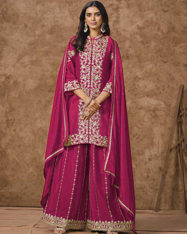 raspberry pink chinnon silk embroidered palazzo kameez