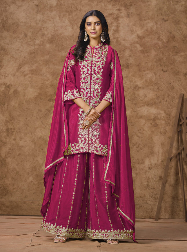 raspberry pink chinnon silk embroidered palazzo kameez