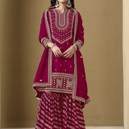 magenta art silk readymade embroidered sarara kameez