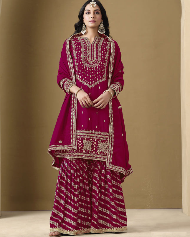 magenta art silk readymade embroidered sarara kameez
