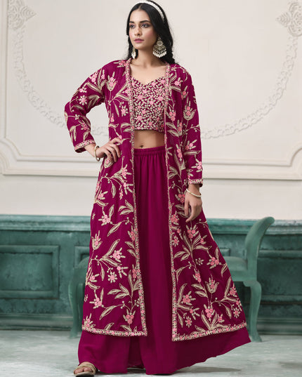 magenta faux georgette embroidered readymade indowestern
