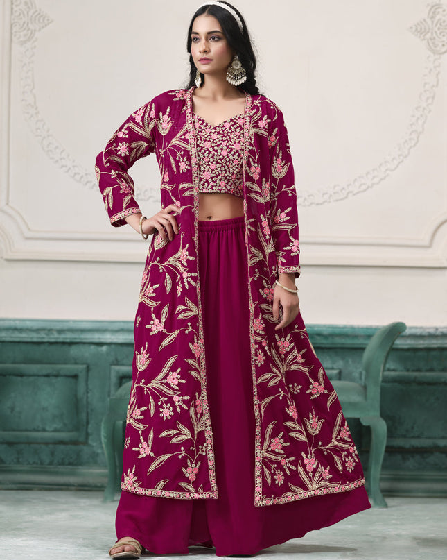magenta faux georgette embroidered readymade indowestern