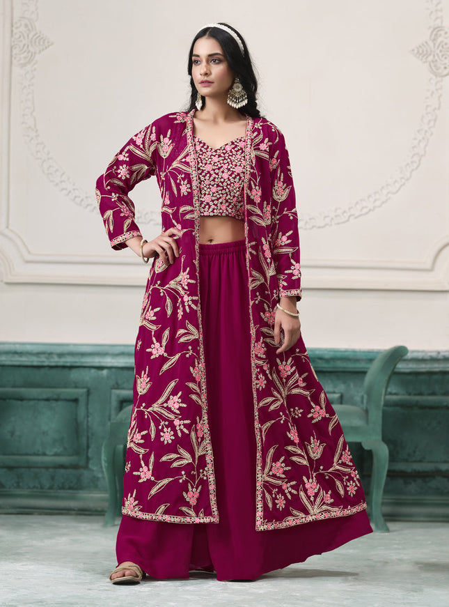 magenta faux georgette embroidered readymade indowestern