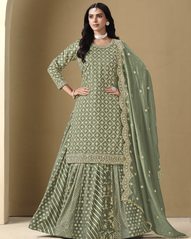 sage green art silk embroidered readymade lehenga kameez