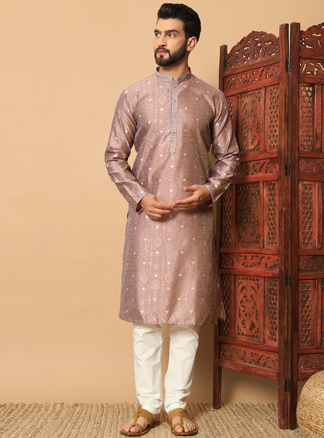 Rose Gold Jacquard Men Kurta Set for Festival