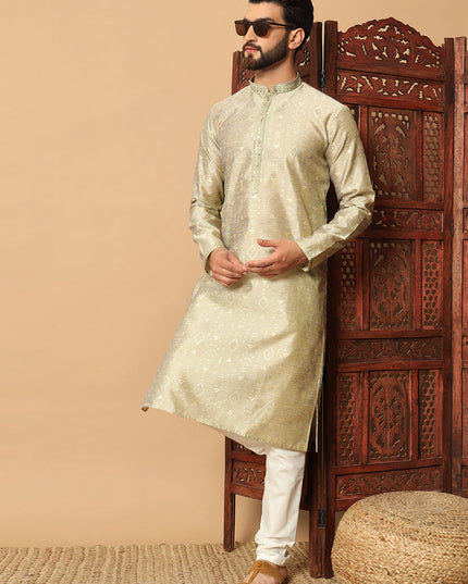 Pastel Green Jacquard Men Kurta Set for Festival