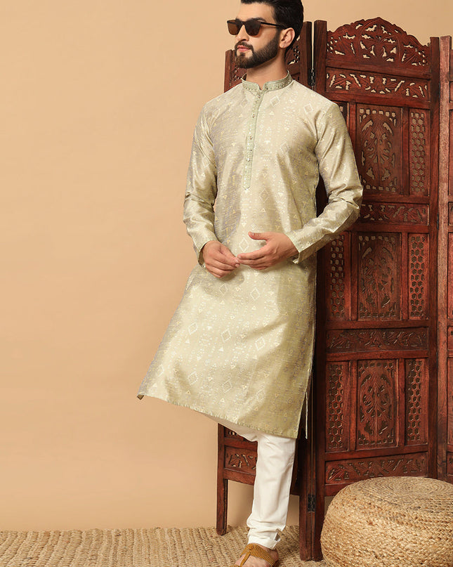 Pastel Green Jacquard Men Kurta Set for Festival