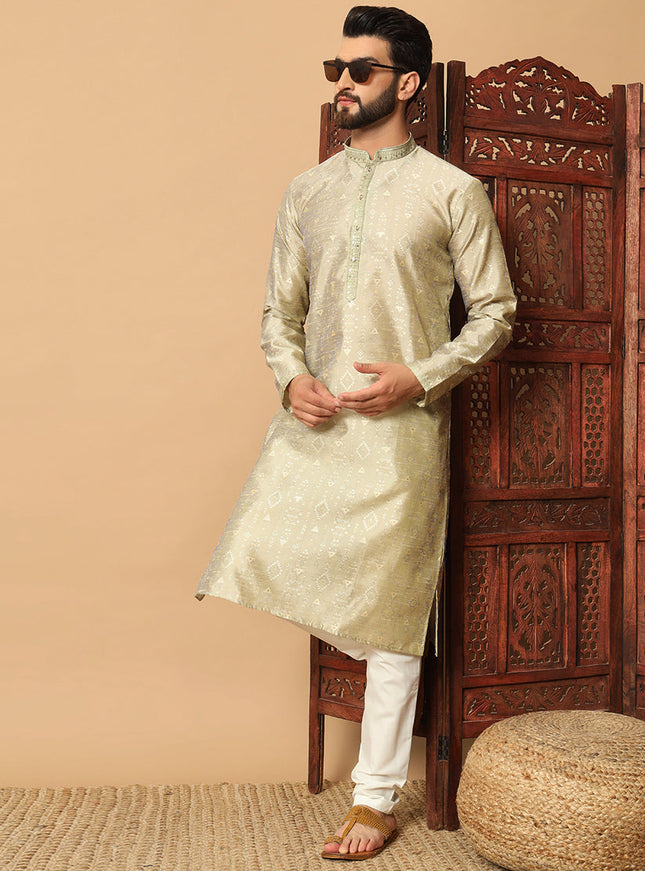Pastel Green Jacquard Men Kurta Set for Festival