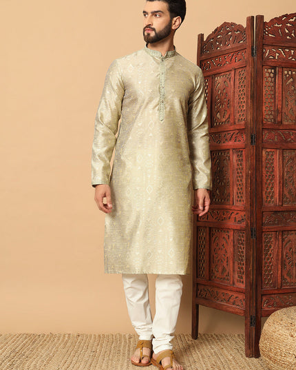 Pastel Green Jacquard Men Kurta Set for Festival
