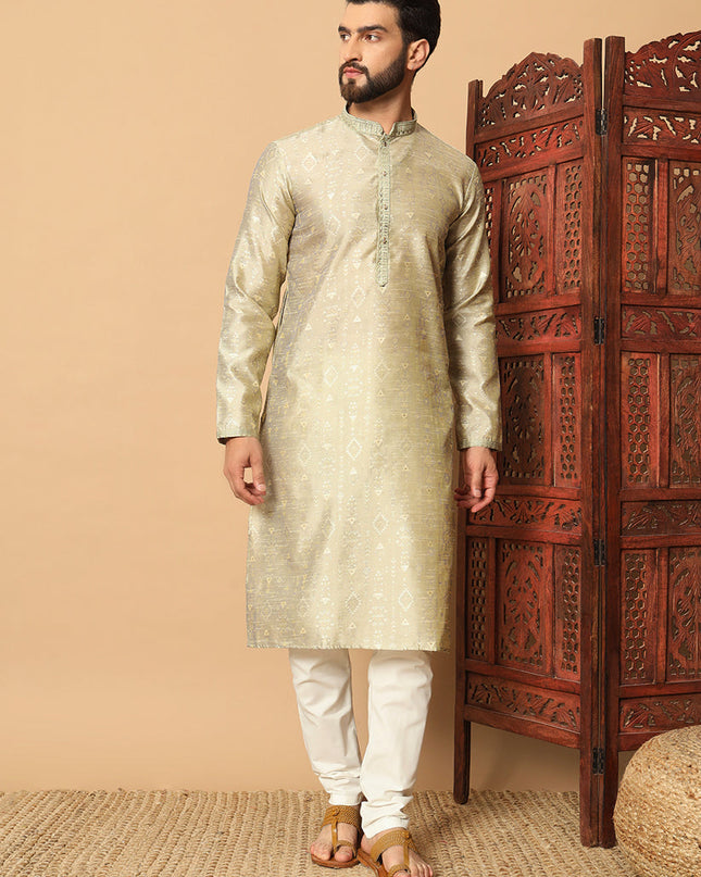 Pastel Green Jacquard Men Kurta Set for Festival