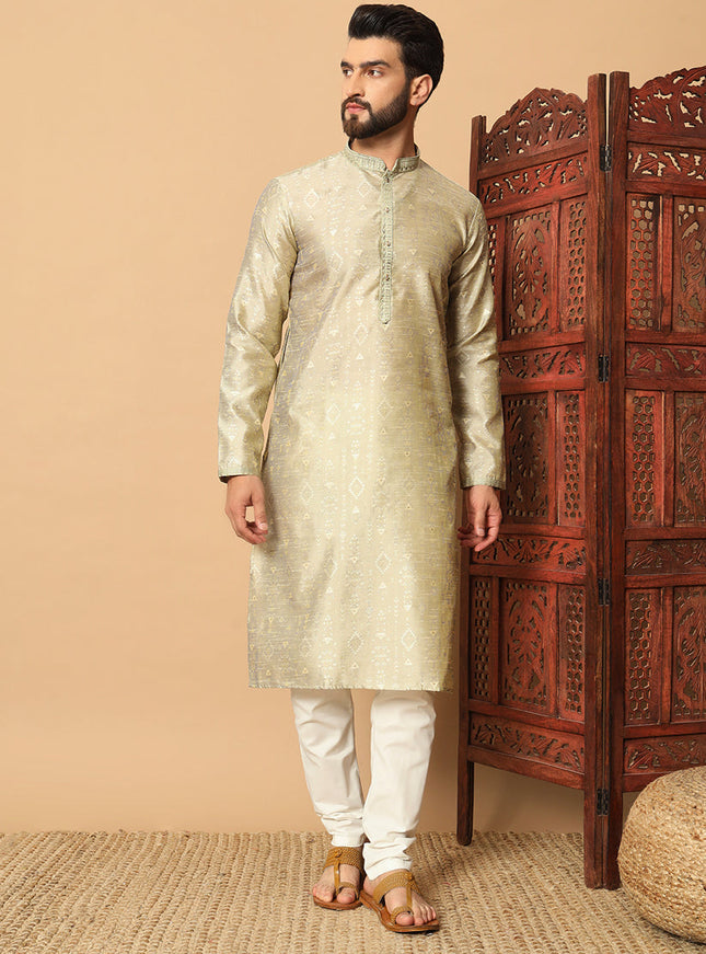 Pastel Green Jacquard Men Kurta Set for Festival