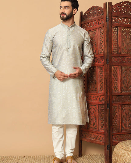 Soft Grey Jacquard Men Kurta Set for Festival