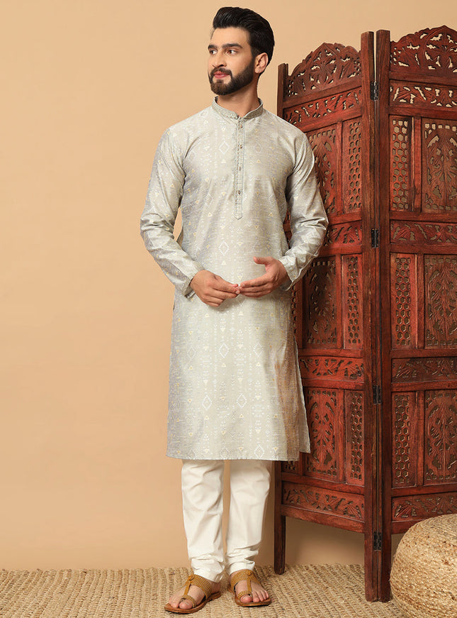 Soft Grey Jacquard Men Kurta Set for Festival