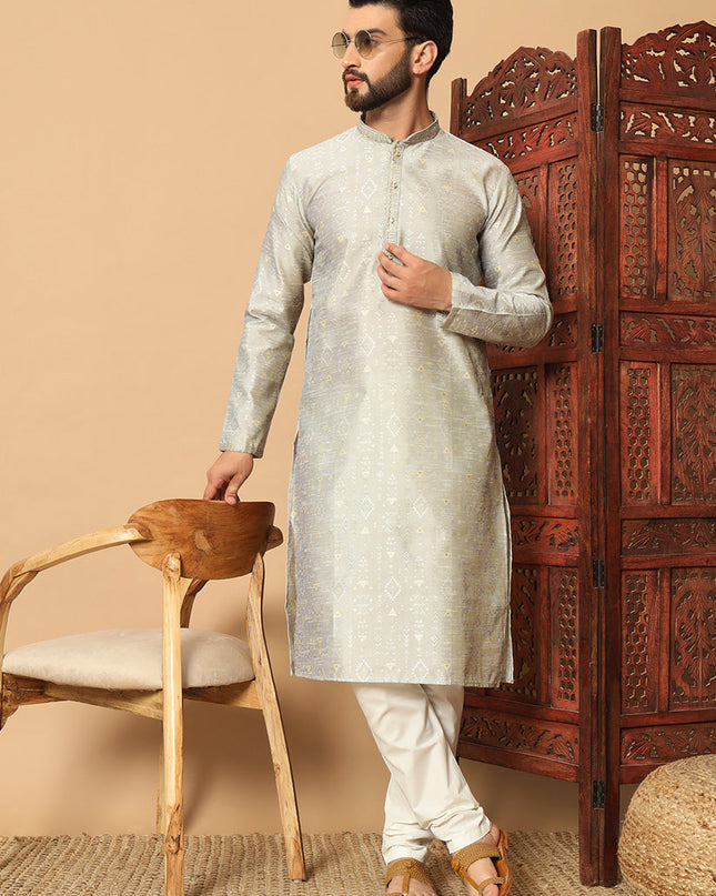 Soft Grey Jacquard Men Kurta Set for Festival