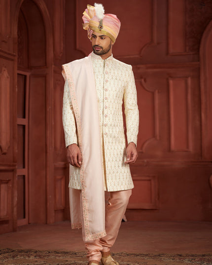 Cream Pure Silk Designer Wedding Sherwani
