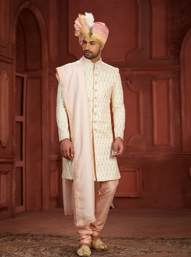 Cream Pure Silk Designer Wedding Sherwani