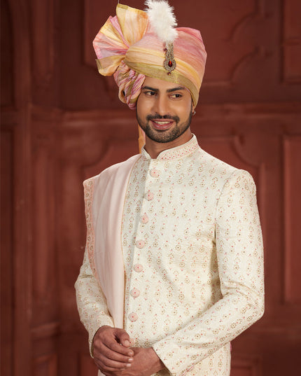 Cream Pure Silk Designer Wedding Sherwani