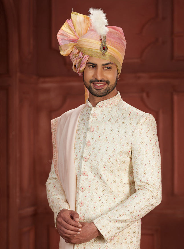 Cream Pure Silk Designer Wedding Sherwani