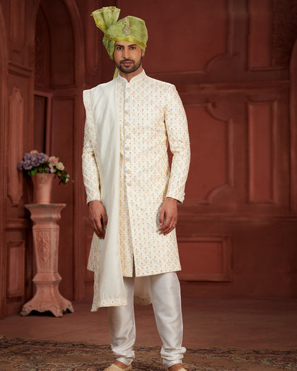 Cream Pure Silk Designer Wedding Sherwani