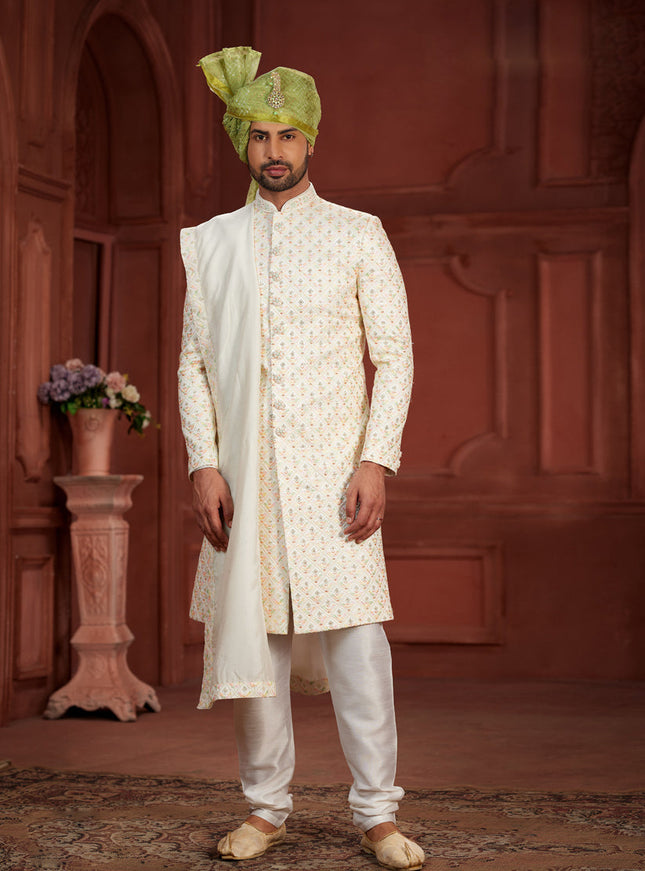 Cream Pure Silk Designer Wedding Sherwani