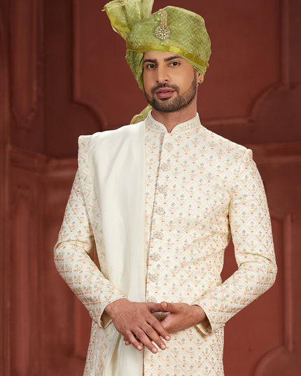 Cream Pure Silk Designer Wedding Sherwani