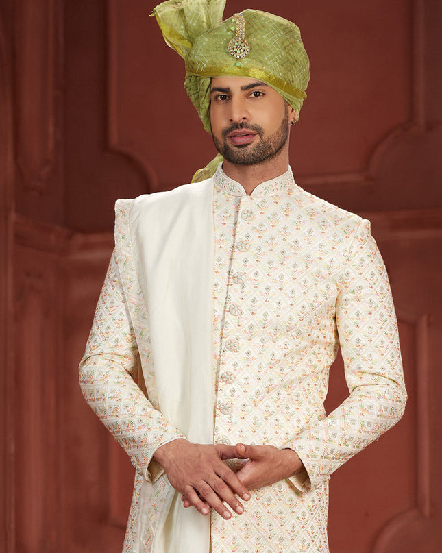 Cream Pure Silk Designer Wedding Sherwani