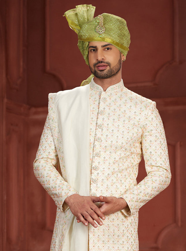 Cream Pure Silk Designer Wedding Sherwani