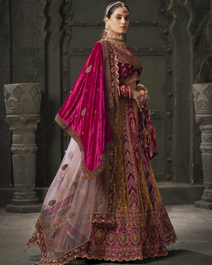 Rani Pink and Musterd Velvet Hand Embroidered Bridal Lehenga Choli