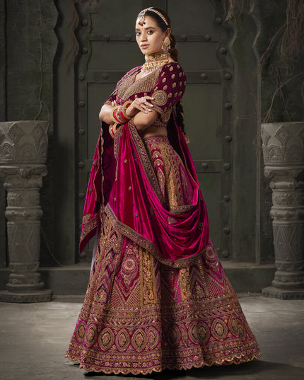 Rani Pink and Musterd Velvet Hand Embroidered Bridal Lehenga Choli