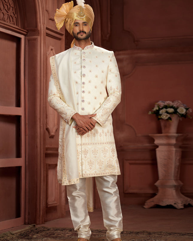 Cream Pure Silk Designer Wedding Sherwani