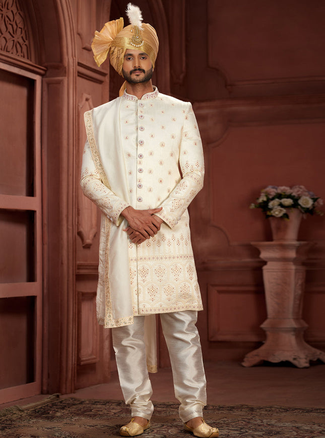 Cream Pure Silk Designer Wedding Sherwani