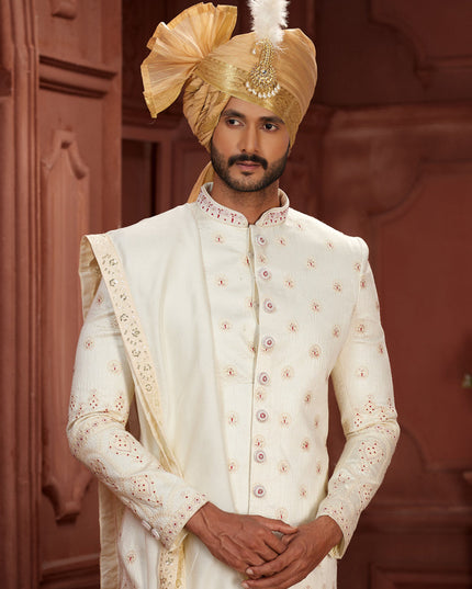 Cream Pure Silk Designer Wedding Sherwani