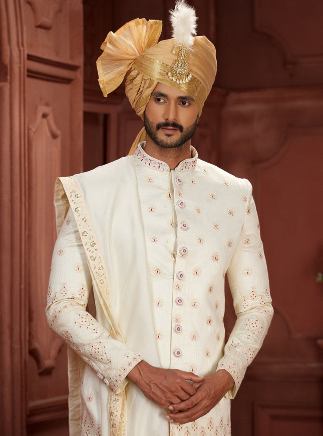 Cream Pure Silk Designer Wedding Sherwani