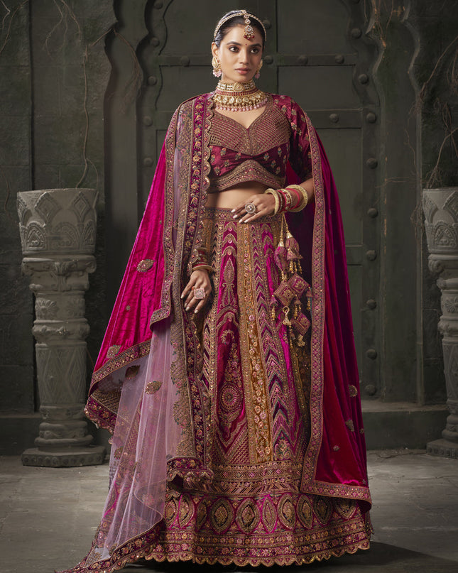 Rani Pink and Musterd Velvet Hand Embroidered Bridal Lehenga Choli