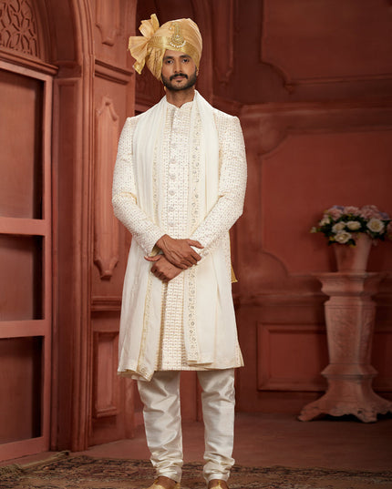 Cream Pure Silk Designer Wedding Sherwani