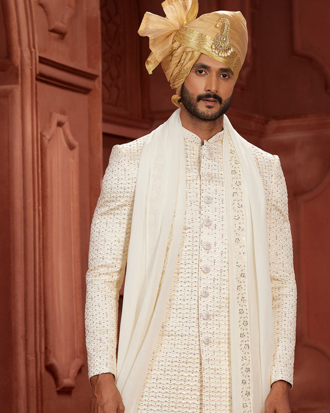 Cream Pure Silk Designer Wedding Sherwani
