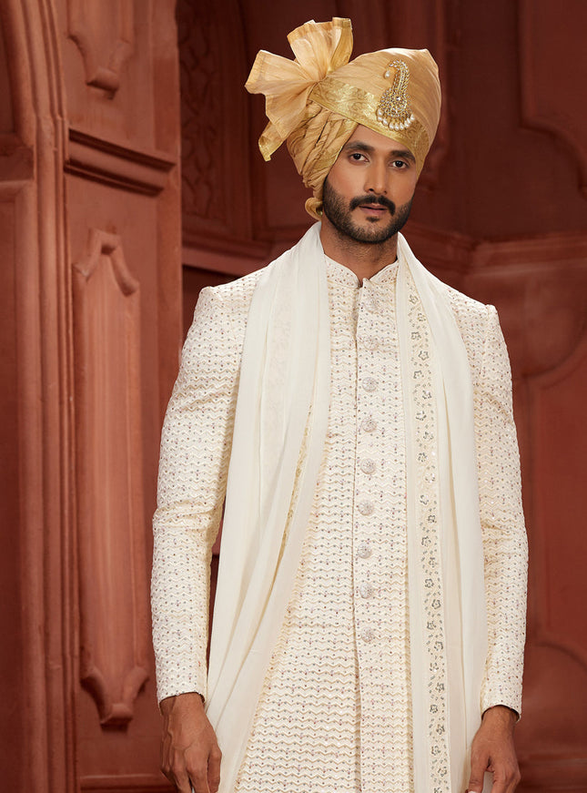 Cream Pure Silk Designer Wedding Sherwani