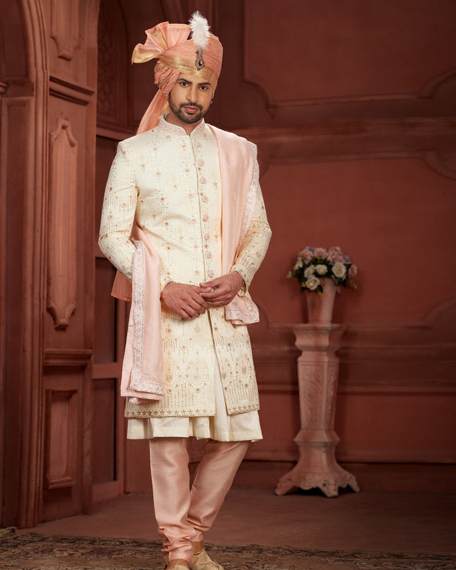 Cream Pure Silk Designer Wedding Sherwani