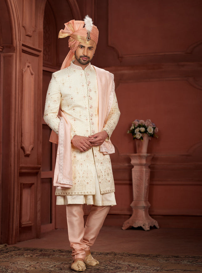 Cream Pure Silk Designer Wedding Sherwani