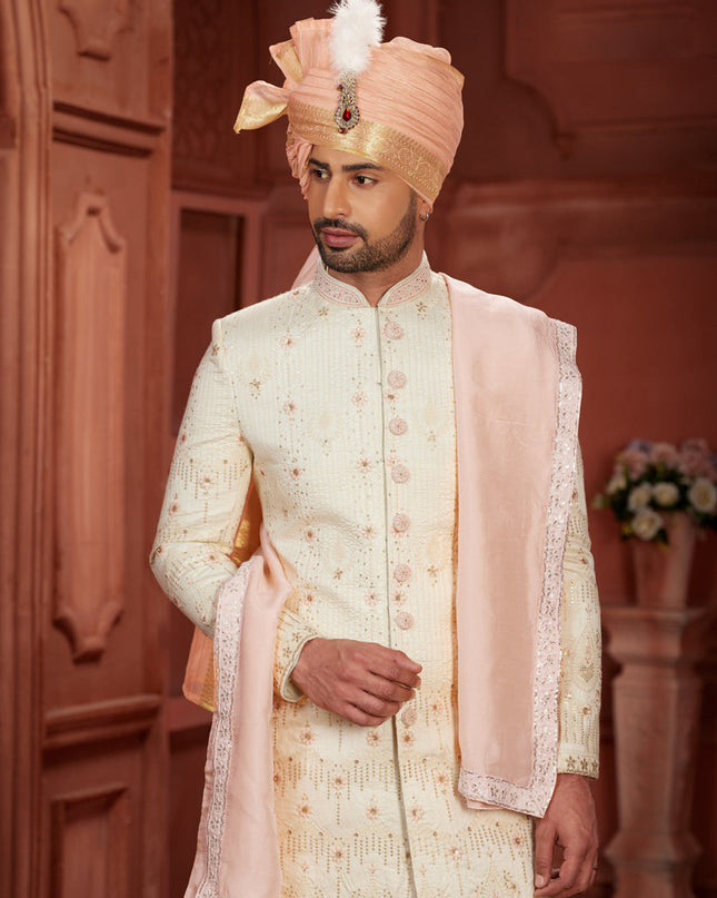 Cream Pure Silk Designer Wedding Sherwani