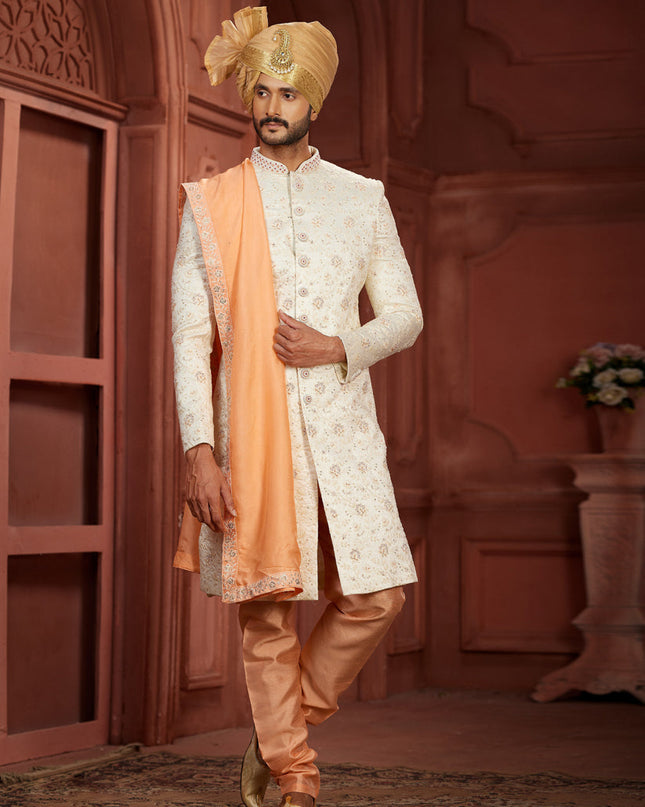 Cream Pure Silk Designer Wedding Sherwani