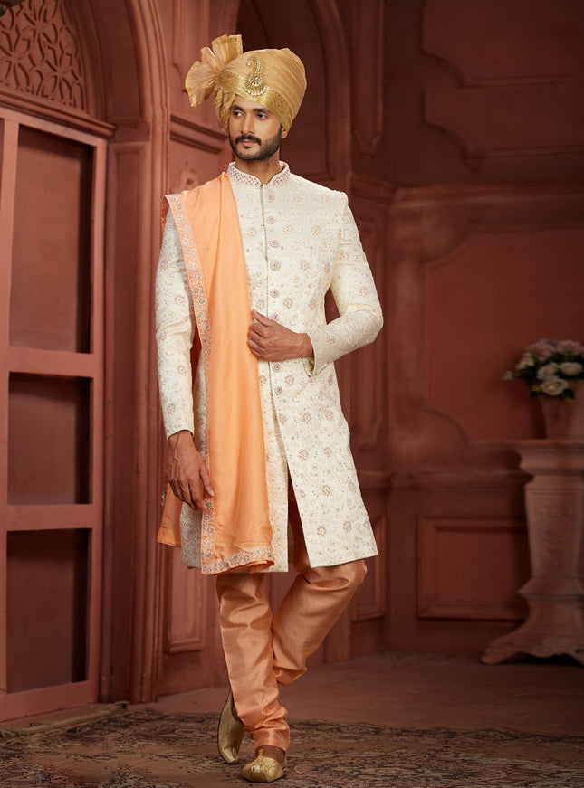 Cream Pure Silk Designer Wedding Sherwani