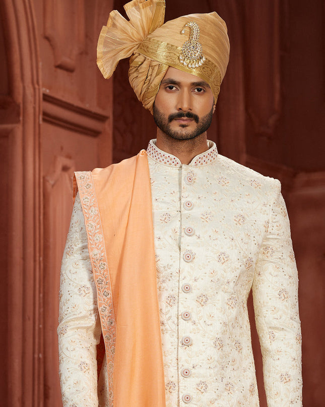 Cream Pure Silk Designer Wedding Sherwani