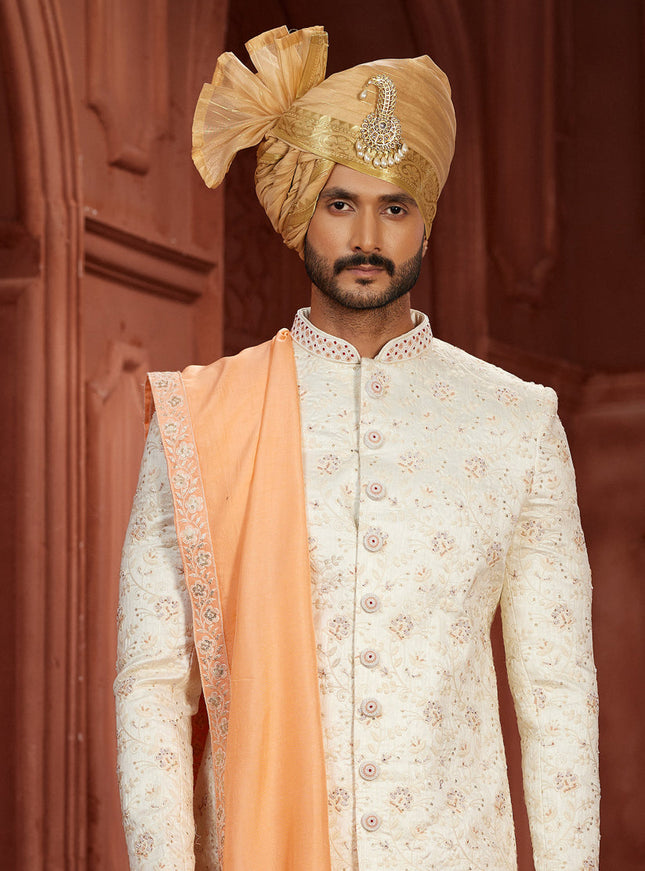 Cream Pure Silk Designer Wedding Sherwani
