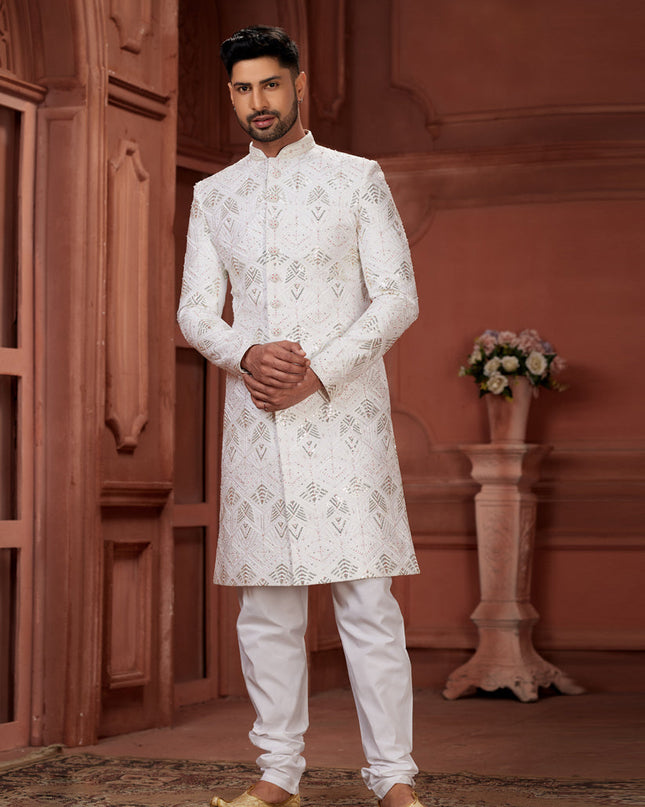 Off White Pure Silk Designer Wedding Sherwani